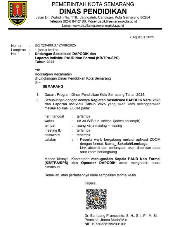 Undangan Sosialisasi Dapodik dan Laporan Individu PAUD Non Formal (KB/TPA/SPS) Tahun 2025